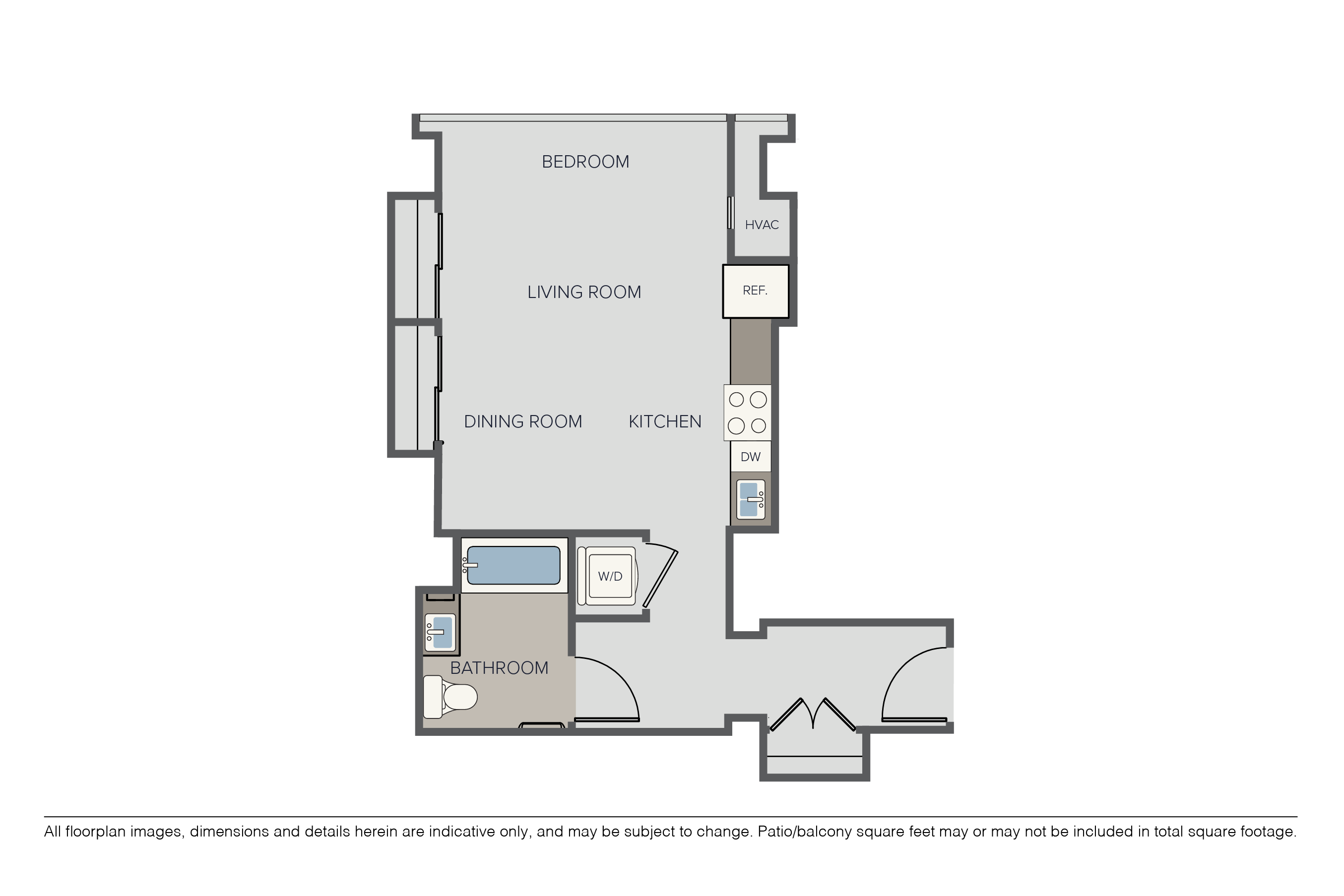 Floor plan for studio, 1 bath, 623 sqft